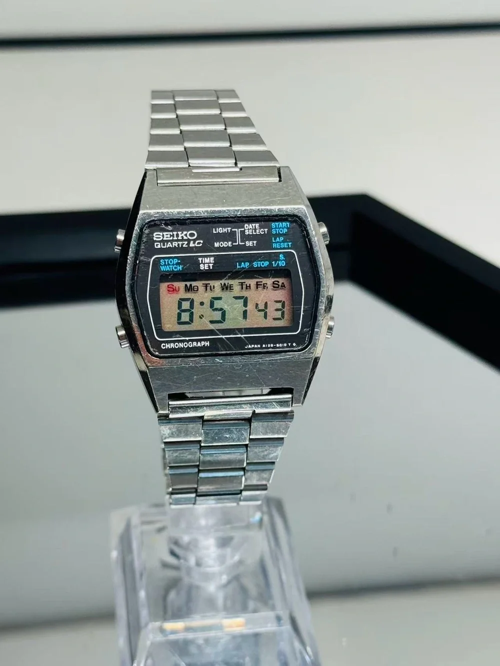 Vintage Seiko Men Quartz LC Digital Chronograph Watch 38mm New Battery Runs